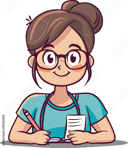 Happy Cartoon Doctor Writing Prescription Medicine Healthcare IllustrationImage photo