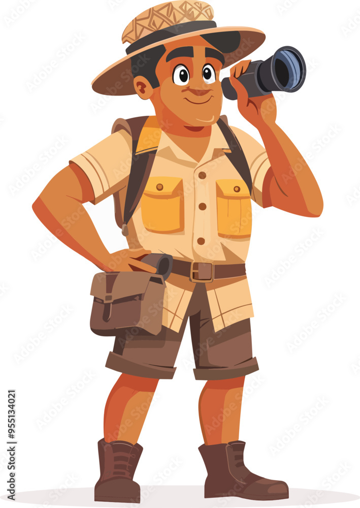 African explorer character wearing safari outfit looking through binoculars cartoon style isolated background adventure wildlife travel nature discovery guide safari tourism concept illustration African explorer character wearing safari outfit looking through binoculars cartoon style isolated background adventure wildlife travel nature discovery guide safari tourism concept illustration
