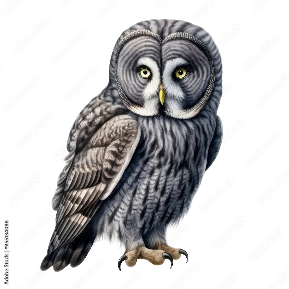 Fototapeta premium A Gray Owl With Yellow Eyes Perched
