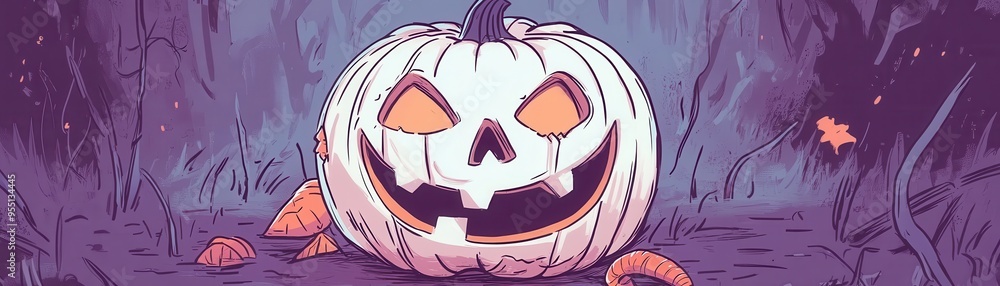 A whimsical Halloween pumpkin with a spooky grin, set against a mystical forest backdrop, perfect for festive decorations. A whimsical Halloween pumpkin with a spooky grin, set against a mystical forest backdrop, perfect for festive decorations.