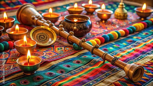 Traditional Tibetan wind instrument xilophone lies on a colourful woven rug amidst intricate ornaments and candles, evoking a serene, mystical atmosphere. photo