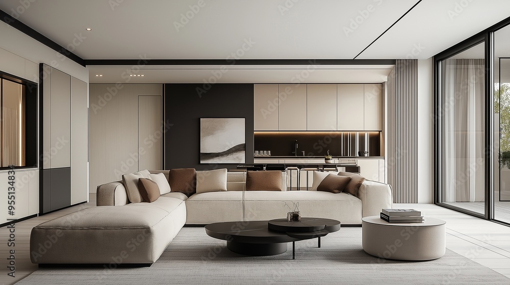 Fototapeta premium A spacious modern living room with a minimalist design. 