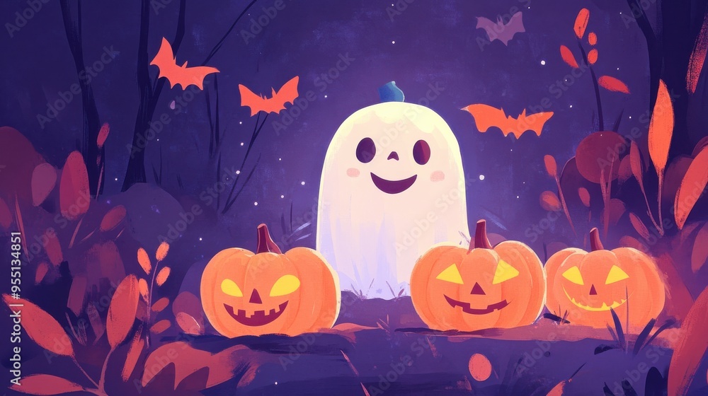 A whimsical Halloween scene featuring a cheerful ghost and glowing pumpkins among dark foliage and flying bats. A whimsical Halloween scene featuring a cheerful ghost and glowing pumpkins among dark foliage and flying bats.