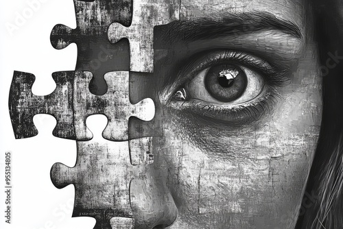 Neurocognition Neuronal network Close up of a woman’s face with a puzzle piece missing from her eye symbolizing the search for identity and the complexity of self perception photo