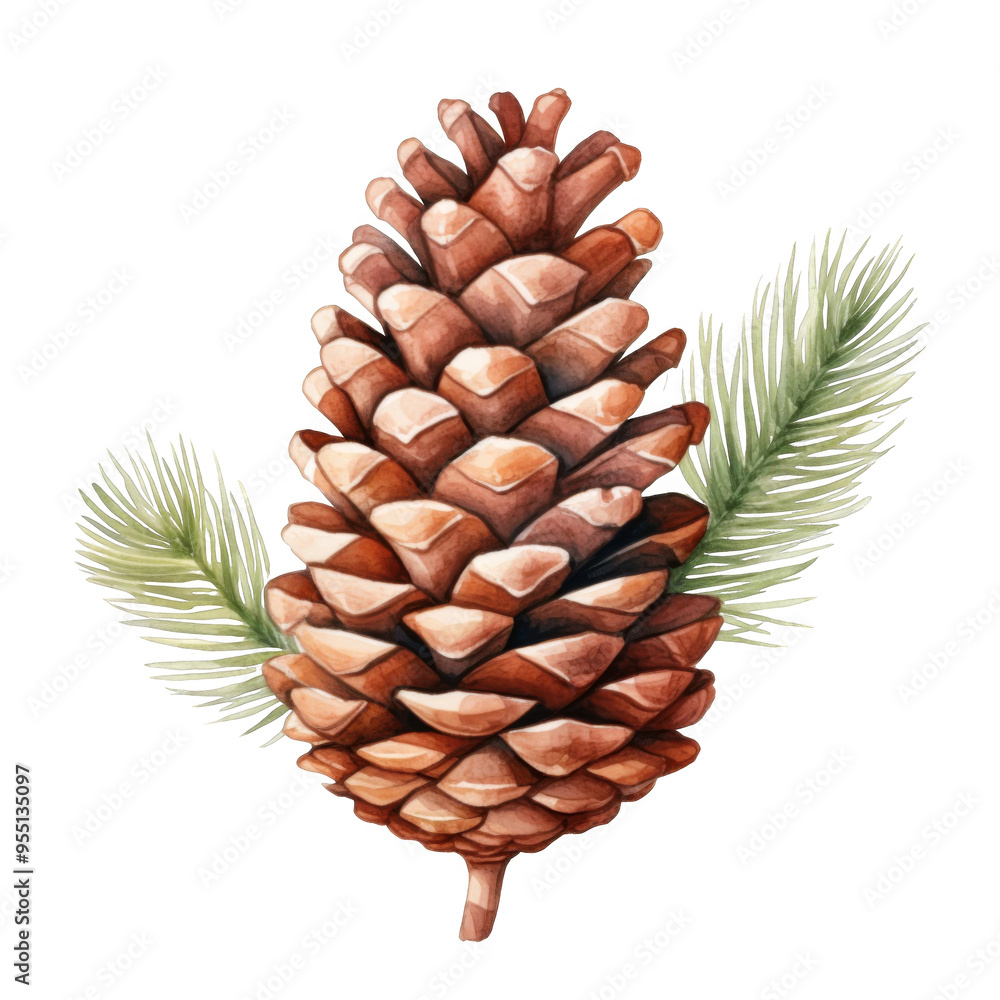 Watercolor illustration of a pine cone with two pine needles Watercolor illustration of a pine cone with two pine needles