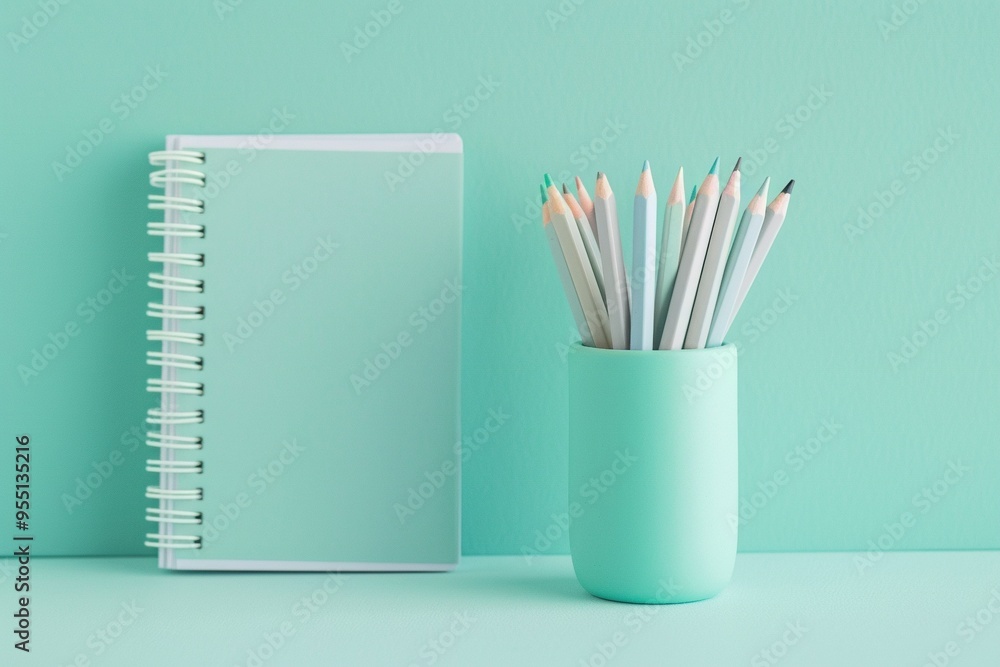 A green notebook and a holder with colored pencils against a teal background. A green notebook and a holder with colored pencils against a teal background.