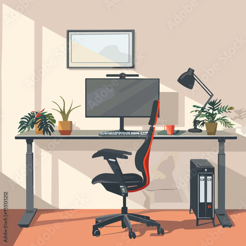 Modern home office desk setup with computer webcam adjustable desk and plantsillustration for remote work freelance and work from home concepts
