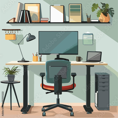 Modern home office workspace interior design with desk computer laptop chair and houseplantsillustration digital art