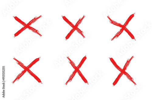 Painted red X mark collection. Crossed X symbol vector illustration set. Cross design element to cancel, reject and refuse something.