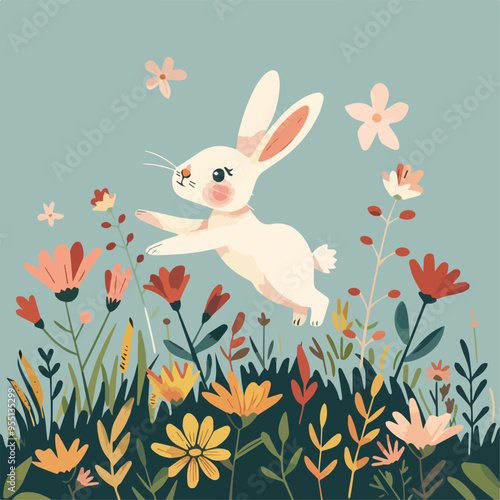 Cute bunny rabbit jumping in flower field spring summer children illustration meadow wildflower floral animal wildlife natureclip art design graphic colorful happy cartoon greeting card adorable