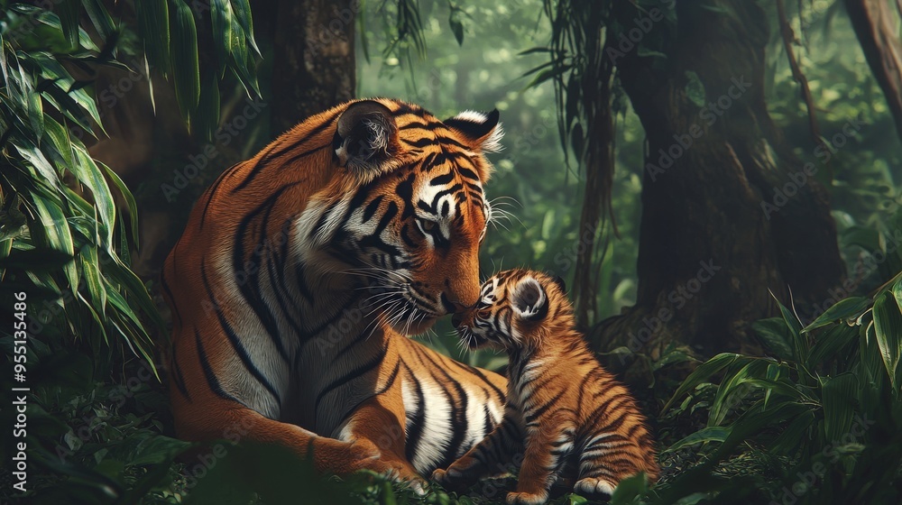 Tiger mother bonding with her cub in the jungle Tiger mother bonding with her cub in the jungle