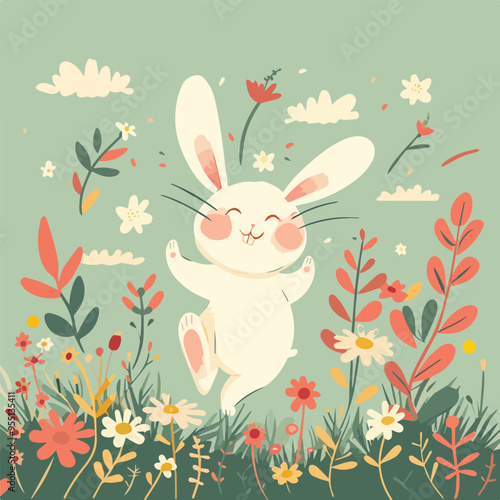 Happy Easter bunny rabbit jumping cheerful playful whimsical spring floral meadow illustration background cute animal wildlife nature greeting card invitation banner design element hand drawn cartoon
