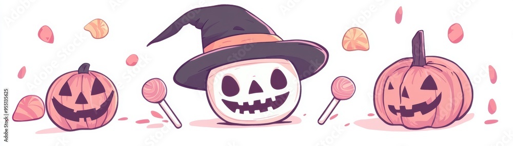 A whimsical Halloween scene featuring a skeleton in a hat, surrounded by playful pumpkins and lollipops.