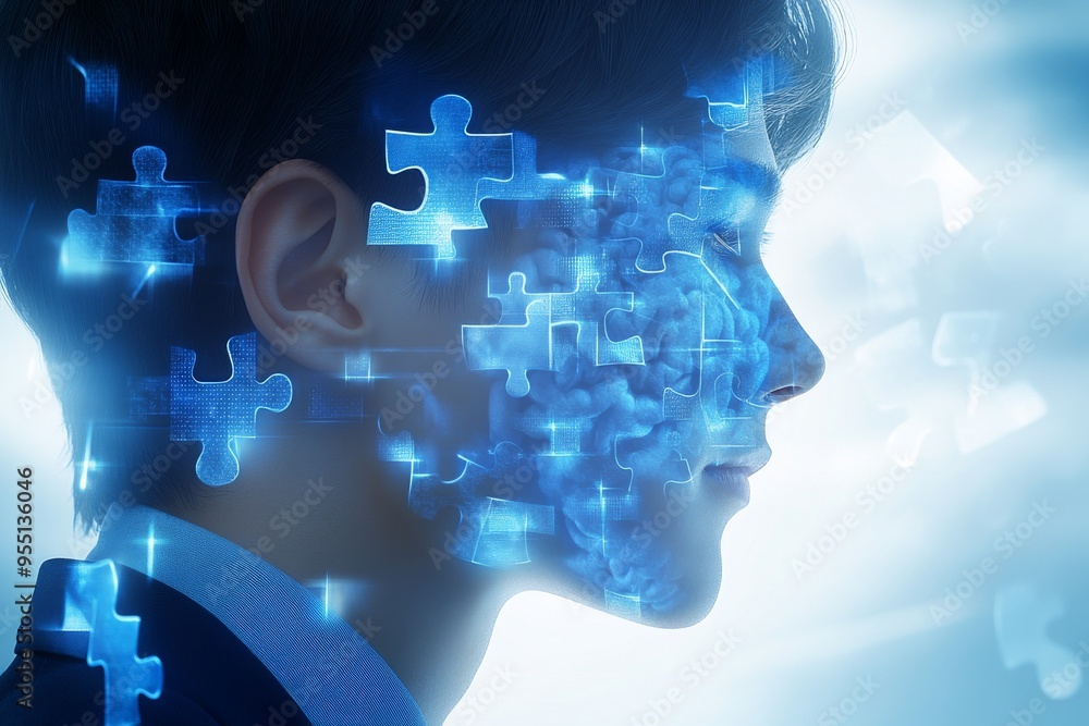 Predictive thinking Neuronal network A boy’s face filled with glowing puzzle pieces in a bright blue environment symbolizing the development of cognitive abilities and youthful curiosity Predictive thinking Neuronal network A boy’s face filled with glowing puzzle pieces in a bright blue environment symbolizing the development of cognitive abilities and youthful curiosity