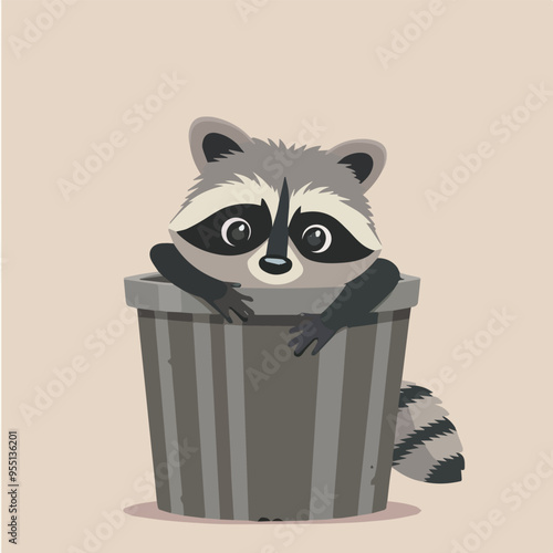 Cute raccoon hiding garbage can trash wildlife animal cartoon illustration nature isolated funny design character mascot wild mammal forest gray mask bandit curious peeking bin adorable searching