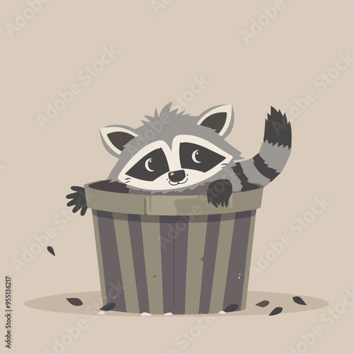 Cute raccoon trash can looking for food curious animal wildlife nature garbage waste recycling illustration mascot design element isolated