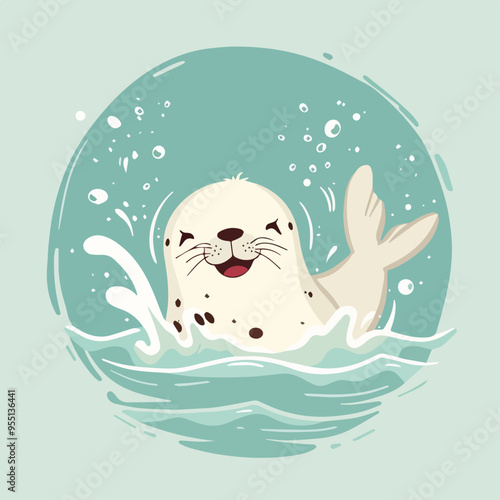 Cute happy baby seal swimming ocean cartoon illustration animal wildlife nature water sea aquatic playful fun adorable design isolated graphic mascot character doodle hand drawn kawaii