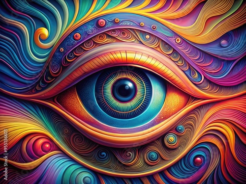 Vibrant abstract illustration of a stylized eye with swirling lines and shapes in a kaleidoscope of colors, blending art and optical illusion.