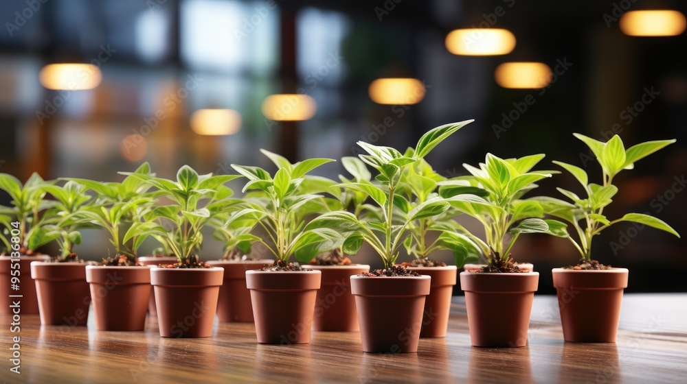 Panoramic format image wooden table top with pot plants blurred background for products Panoramic format image wooden table top with pot plants blurred background for products