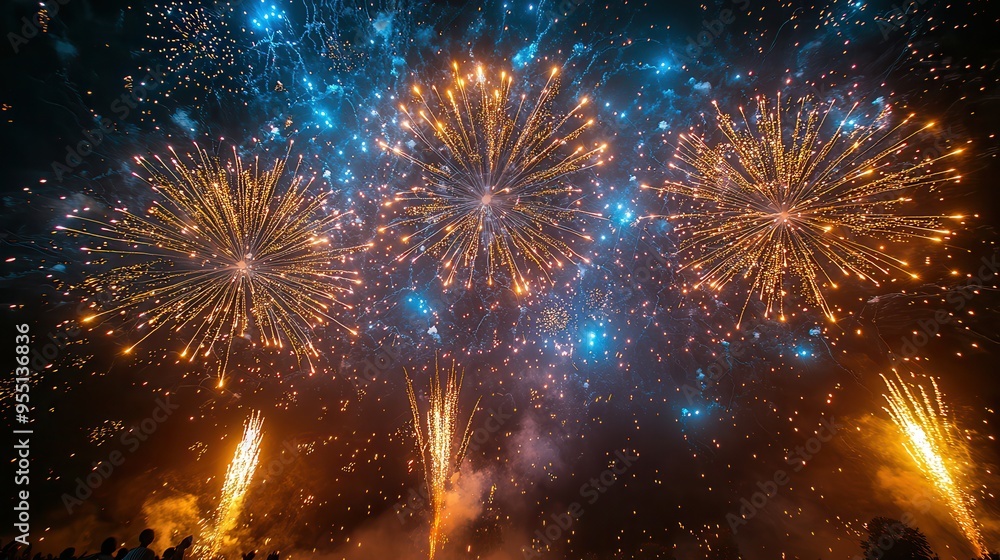 Fototapeta premium Vibrant Labor Day Community Firework Display Delights Families with Spectacular Colors in the Night Sky