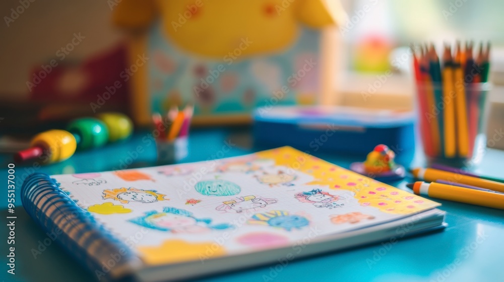 A notebook filled with colorful drawings and stickers, lying on a table with crayons and a small toy beside it. A notebook filled with colorful drawings and stickers, lying on a table with crayons and a small toy beside it.