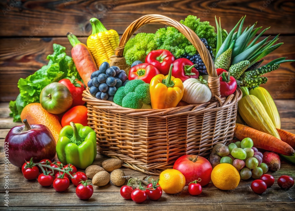 Vibrant and colorful fresh fruits and vegetables overflow from a woven basket on a natural wood table, exuding a sense of wellness and nutritious abundance. Vibrant and colorful fresh fruits and vegetables overflow from a woven basket on a natural wood table, exuding a sense of wellness and nutritious abundance.