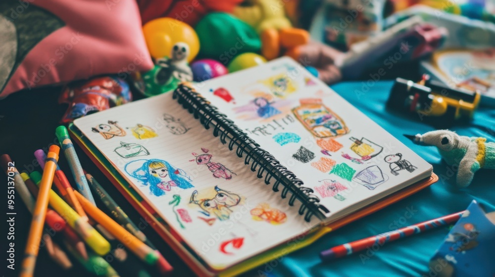 A notebook filled with colorful drawings and stickers, lying on a table with crayons and a small toy beside it. A notebook filled with colorful drawings and stickers, lying on a table with crayons and a small toy beside it.