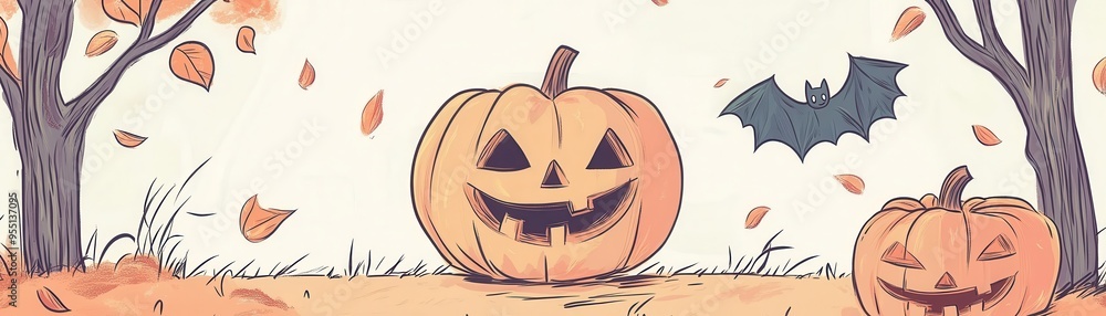 Fototapeta premium A whimsical Halloween scene featuring smiling pumpkins, floating leaves, and a bat, perfect for festive decorations and designs.