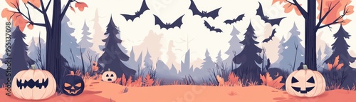 A whimsical Halloween scene featuring spooky pumpkins, flying bats, and autumn trees, perfect for seasonal decor and festivities.