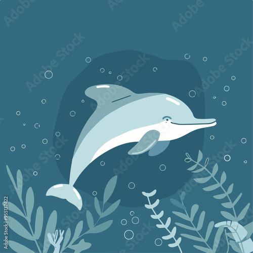 Cute Cartoon Dolphin Underwater Among Seaweed Ocean Marine Life AnimalIllustration Graphic Resource Digital Download Commercial Use