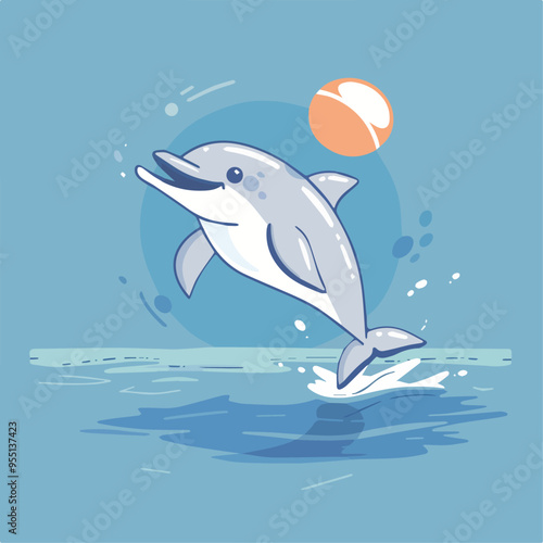 Cute Cartoon Dolphin Jumping Ocean Summer Fun Playful Marine Wildlife Aquatic Animal Illustration