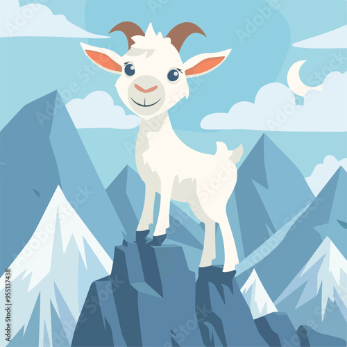 Cute Cartoon Goat Standing On Mountain Peak Nature Landscape Wildlife Animal Farm Background Illustration Design Element Graphic Vector Flat Digital Drawing Doodle Art Poster Banner Template