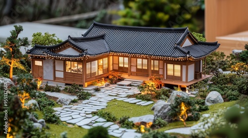 A scale model home featuring a Hanok-inspired courtyard with stone pathways