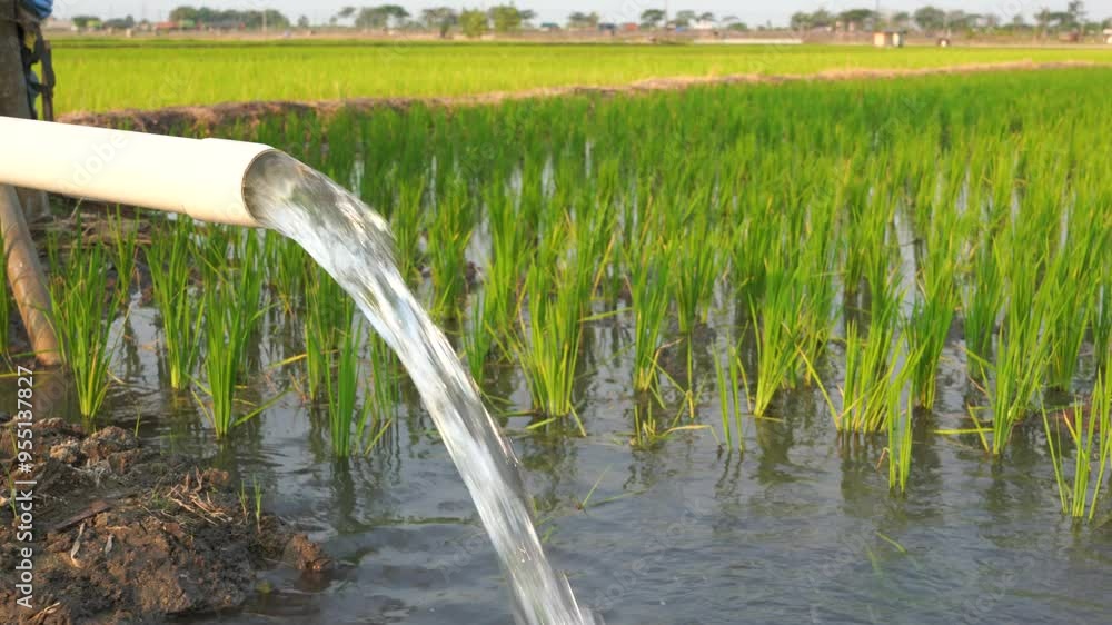 Irrigation of rice fields using pump wells with the technique of pumping water from the ground to flow into the rice fields. The pumping station where water is pumped from a irrigation canal system. Irrigation of rice fields using pump wells with the technique of pumping water from the ground to flow into the rice fields. The pumping station where water is pumped from a irrigation canal system.