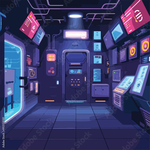 Futuristic Spaceship Interior Background Sci Fi Room Corridor Illustration Cartoon Style With Computers Displays And Glowing Lights Gaming Concept