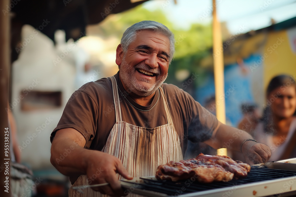 A man wearing a hat and apron is cooking meat on a grill A man wearing a hat and apron is cooking meat on a grill