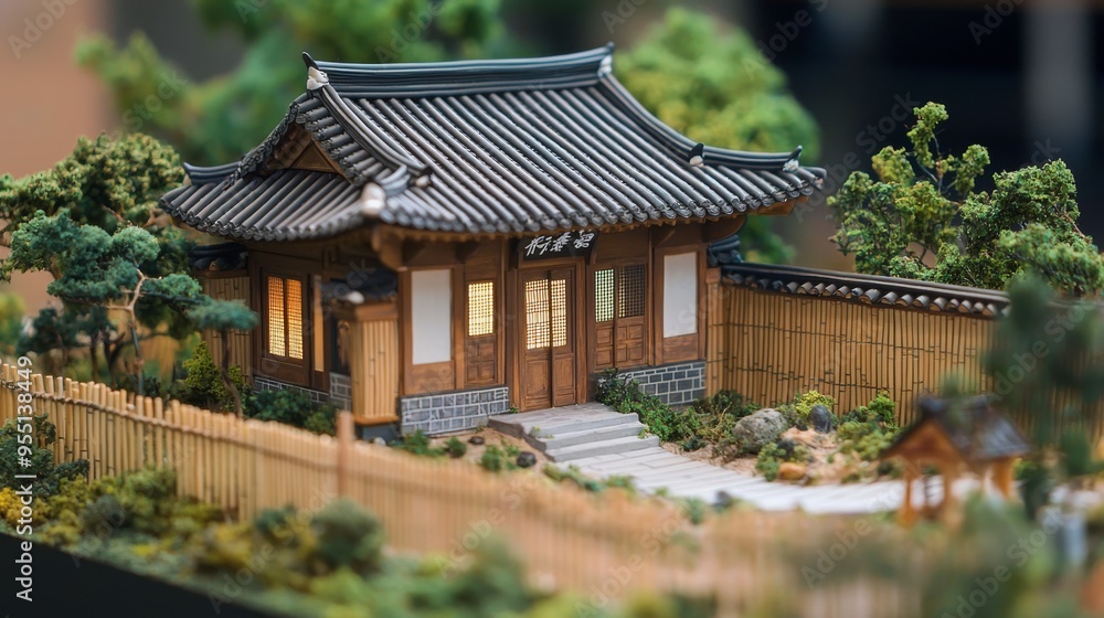 A scale model home with a Korean-style gate and bamboo fence surrounding it A scale model home with a Korean-style gate and bamboo fence surrounding it
