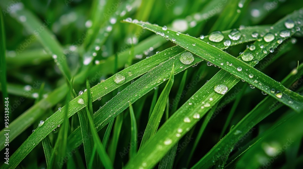 A close-up of dew drops on a patch of grass blades, capturing the delicate and fresh early morning beauty. A close-up of dew drops on a patch of grass blades, capturing the delicate and fresh early morning beauty.
