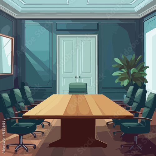 Empty meeting room interior design furniture office space business corporate boardroom table nobody workplace professional background illustration architecture indoor modern room empty windows green