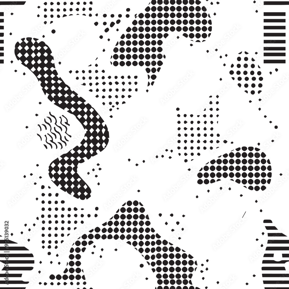 Fototapeta premium Black and white abstract seamless pattern background dots stripes memphis modern trendy retro pop art design elements illustration vector cool funky graphic resource apparel textile print branding