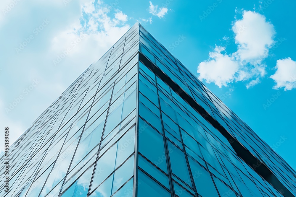 A tall modern glass building reflecting the sky and clouds. A tall modern glass building reflecting the sky and clouds.