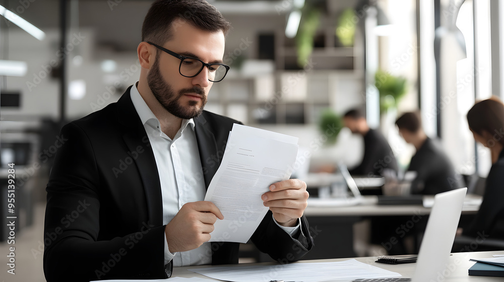 Focused manager in modern office holding company policy document, surrounded by minimalist workspace and blurred employees, highlighting the significance of corporate regulations and adherence. Focused manager in modern office holding company policy document, surrounded by minimalist workspace and blurred employees, highlighting the significance of corporate regulations and adherence.