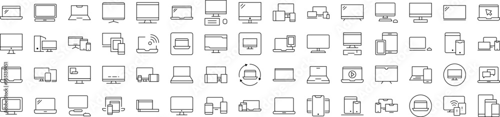 Laptop, Computer, Phone, Tablet Outline Simple Linear Image Collection. Editable Stroke. Suitable for Web Sites, Books, Cards, Apps Laptop, Computer, Phone, Tablet Outline Simple Linear Image Collection. Editable Stroke. Suitable for Web Sites, Books, Cards, Apps