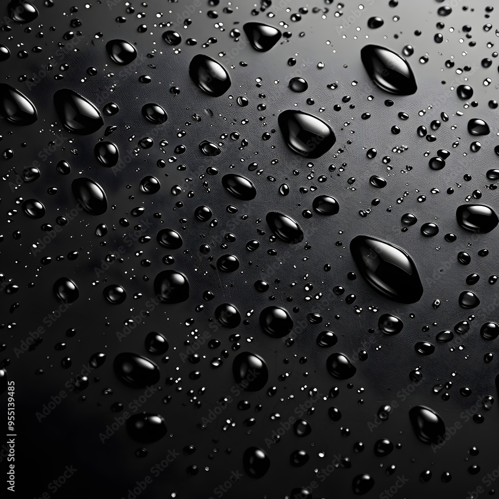 Top View of Water Droplets on a Sleek Black Surface Top View of Water Droplets on a Sleek Black Surface