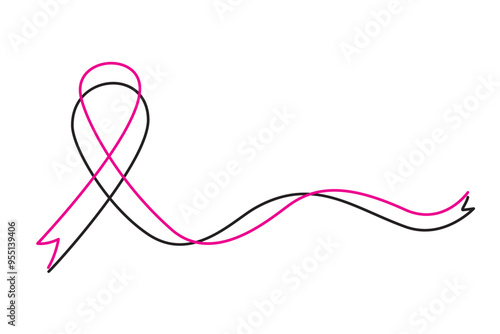 Breast cancer awareness month, ribbon with continuous line art isolated on transparent background, vector design template for poster