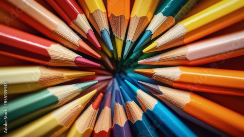 A colorful collection of pencils arranged in a spiral pattern, with each pencil pointing towards the center, creating a visually striking image.