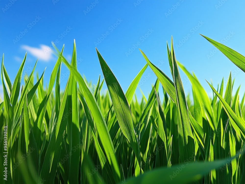 Obraz premium Green Grass Blades Under a Blue Sky A Symbol of Unity, Teamwork, and Support The Lush Grass Represents a Strong Foundation, Like the Support a Team Provides, Working Together Towards a Shared Goal