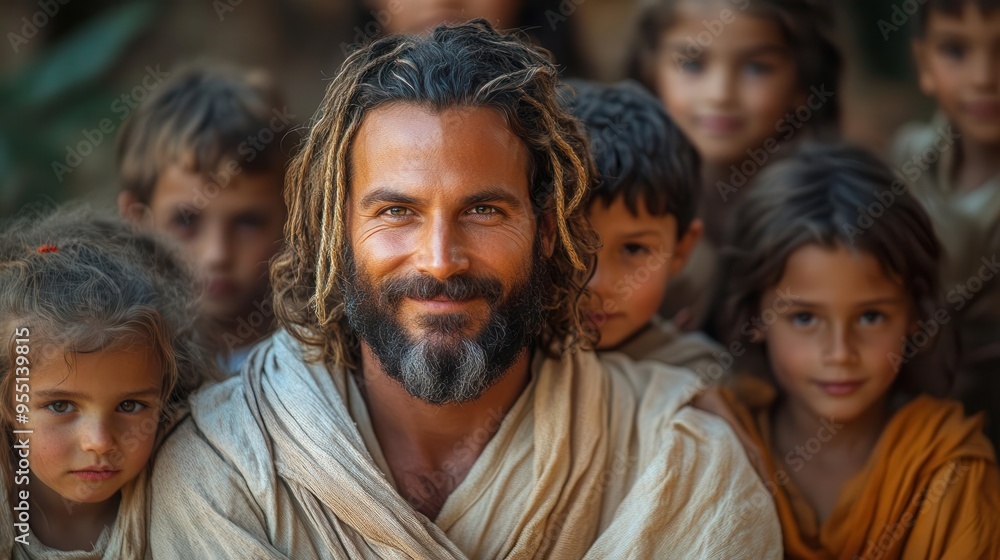 diverse group of joyful children gathered around a kind bearded man in robes soft warm lighting and lush natural background expressions of wonder and happiness on faces diverse group of joyful children gathered around a kind bearded man in robes soft warm lighting and lush natural background expressions of wonder and happiness on faces