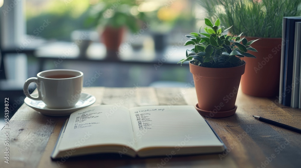 A creative workspace featuring an open notebook with a to-do list, a cup of tea, and a potted plant, capturing a productive and serene environment. A creative workspace featuring an open notebook with a to-do list, a cup of tea, and a potted plant, capturing a productive and serene environment.