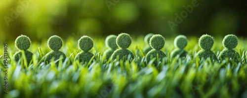 Grassland Teamwork Concept Green Figures Standing Strong, Representing Collaboration and Mutual Support in a Lush Natural Setting